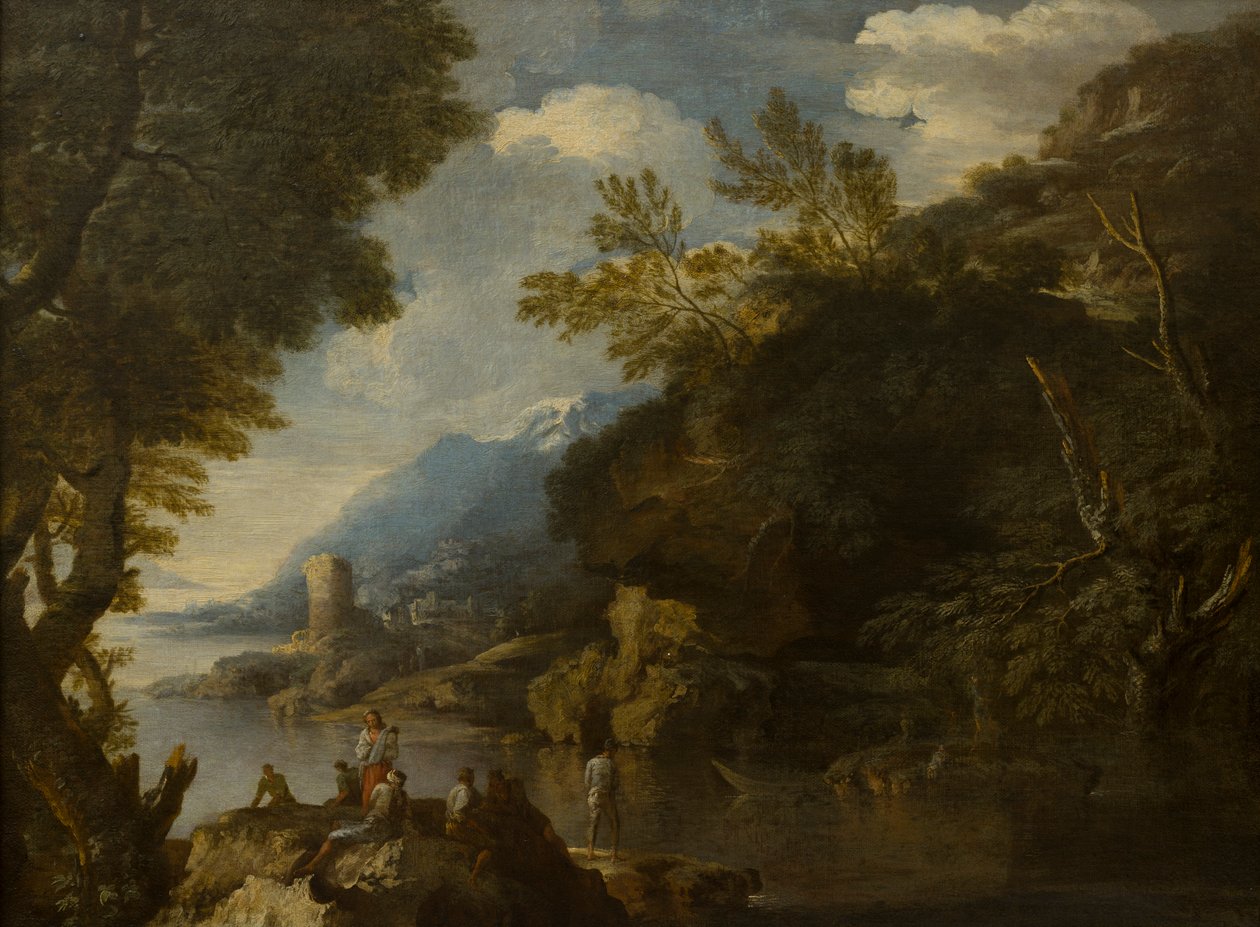 Landschaft mit Figuren und Booten von Salvator (follower of) Rosa