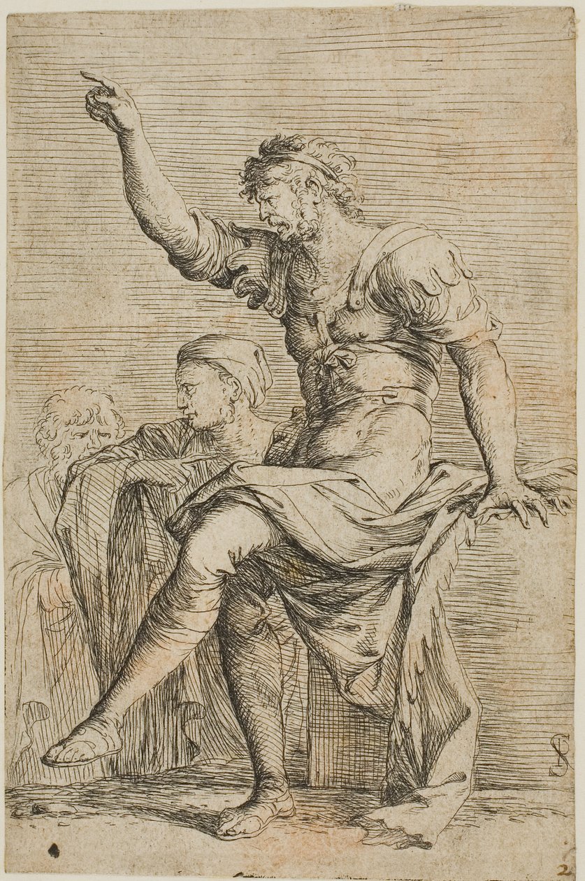 Ein Krieger sitzt auf einem Block und gestikuliert; zwei Figuren sind hinter ihm, aus der Figurinen-Serie von Salvator Rosa