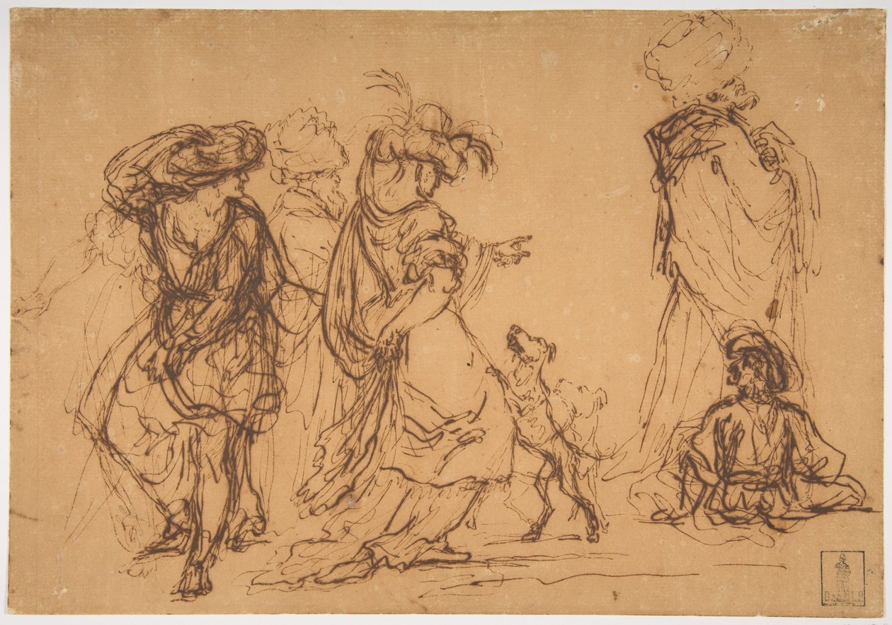 Fünf Figuren in fantastischen Kostümen mit zwei Hunden von Salvator Rosa