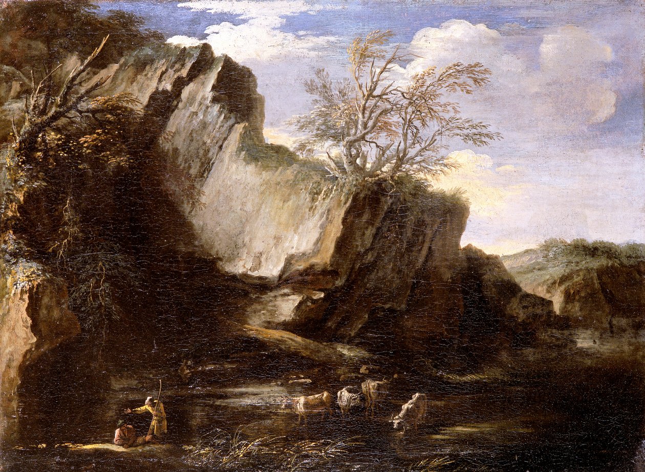 Felsige Landschaft mit Hirten und Vieh, 1625-1673 von Salvator Rosa
