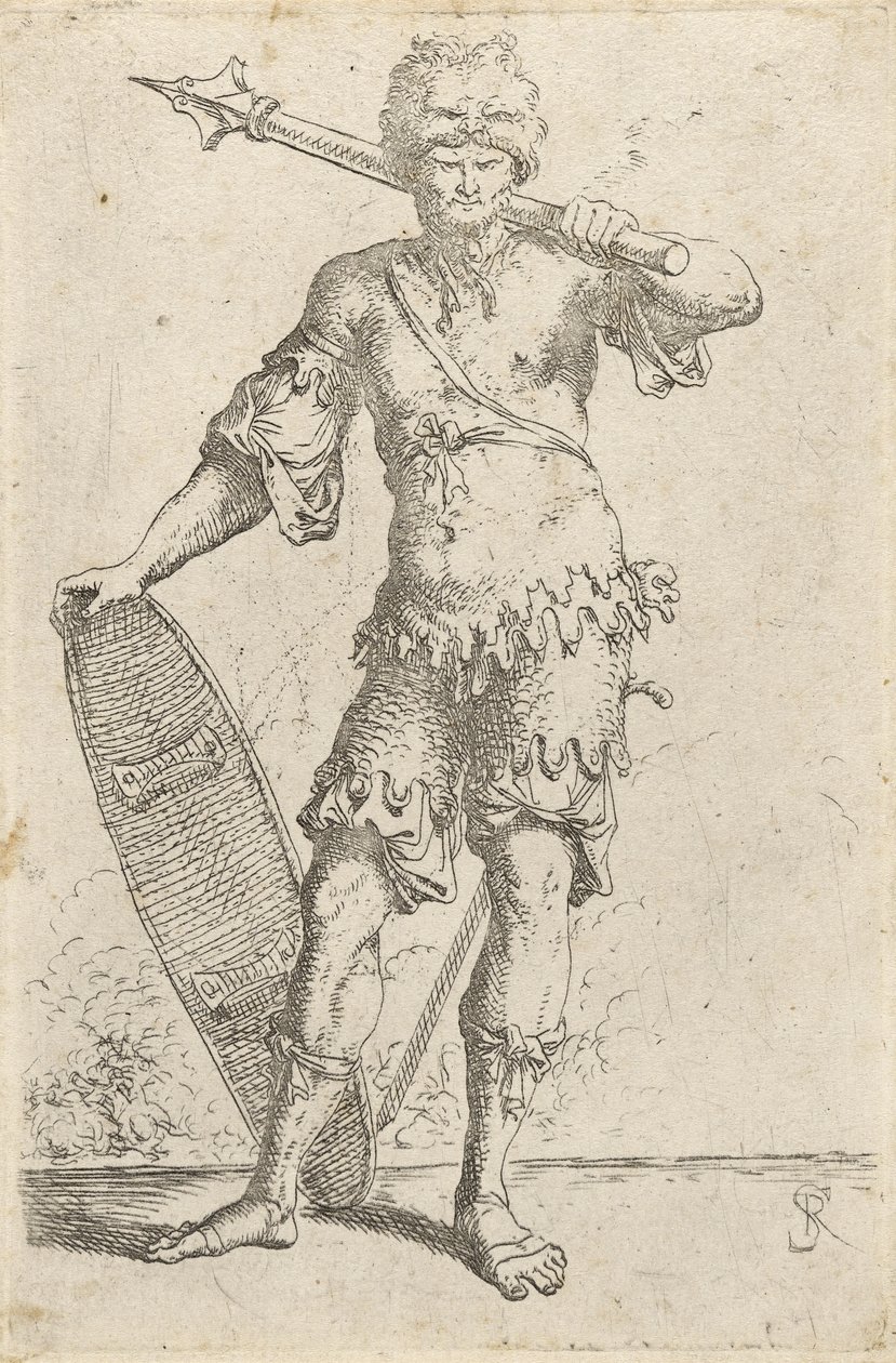Stehender exotischer Krieger mit Löwenkopf-Kappe, Keule und Schild, ca. 1656-57 von Salvator Rosa