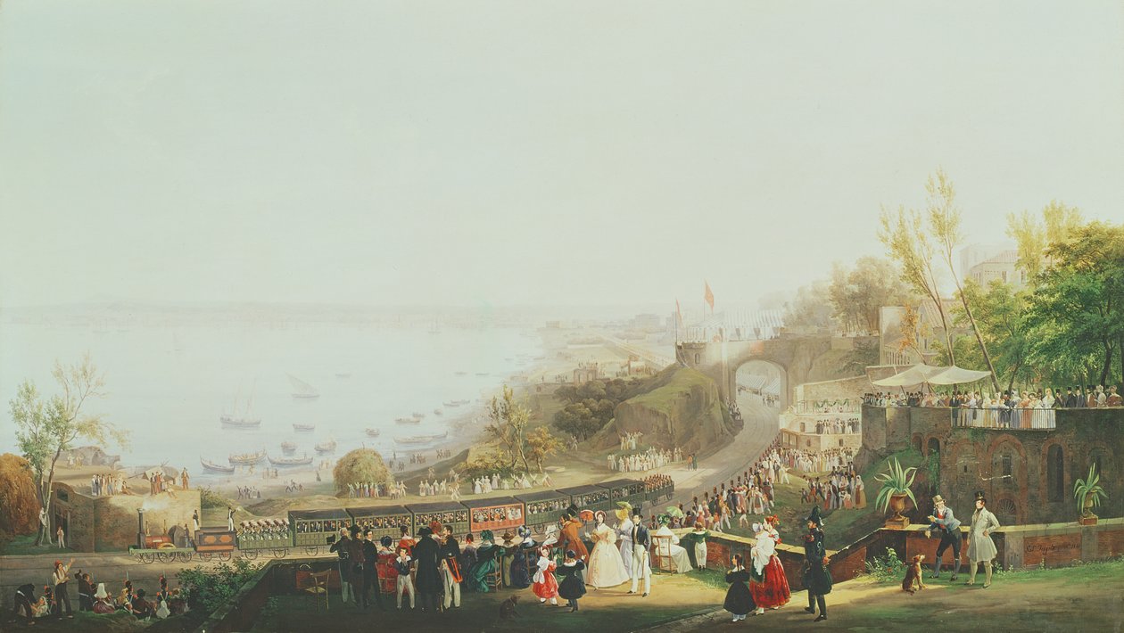 Die Eröffnung der Eisenbahnlinie Neapel-Portici im Jahr 1839 von Salvatore Fergola