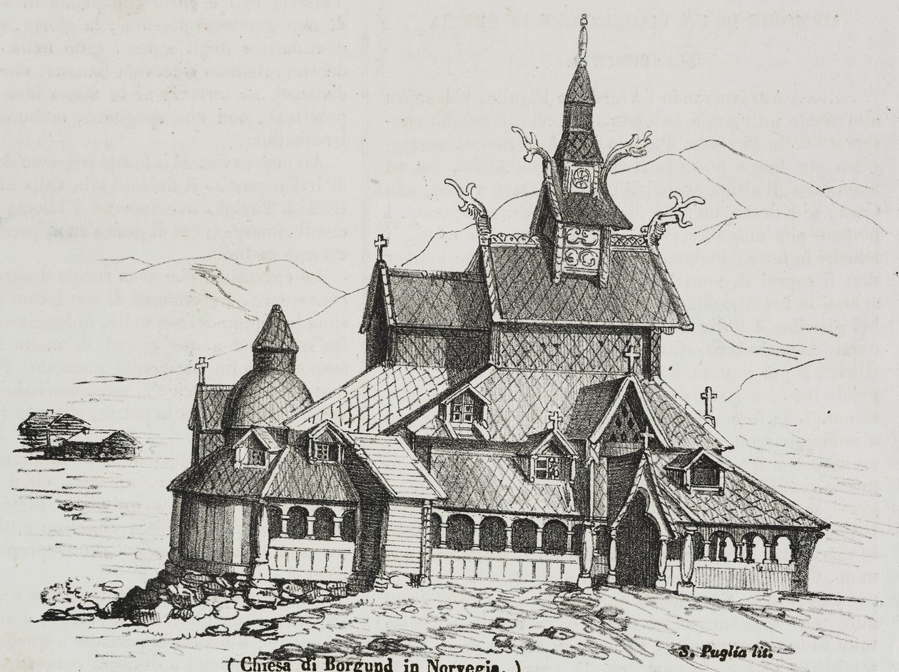 Stabkirche von Borgund, Norwegen, Lithographie von Salvatore Puglia aus Poliorama Pittoresco, Nr. 40, 14. Mai von Salvatore Puglia