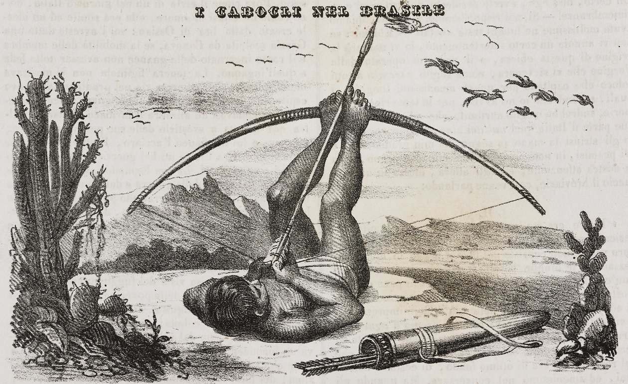 Caboclo-Mann mit Bogen und Pfeilen, Brasilien, Lithographie von Salvatore Puglia aus Poliorama Pittoresco, Nr. 41, 18. Mai von Salvatore Puglia