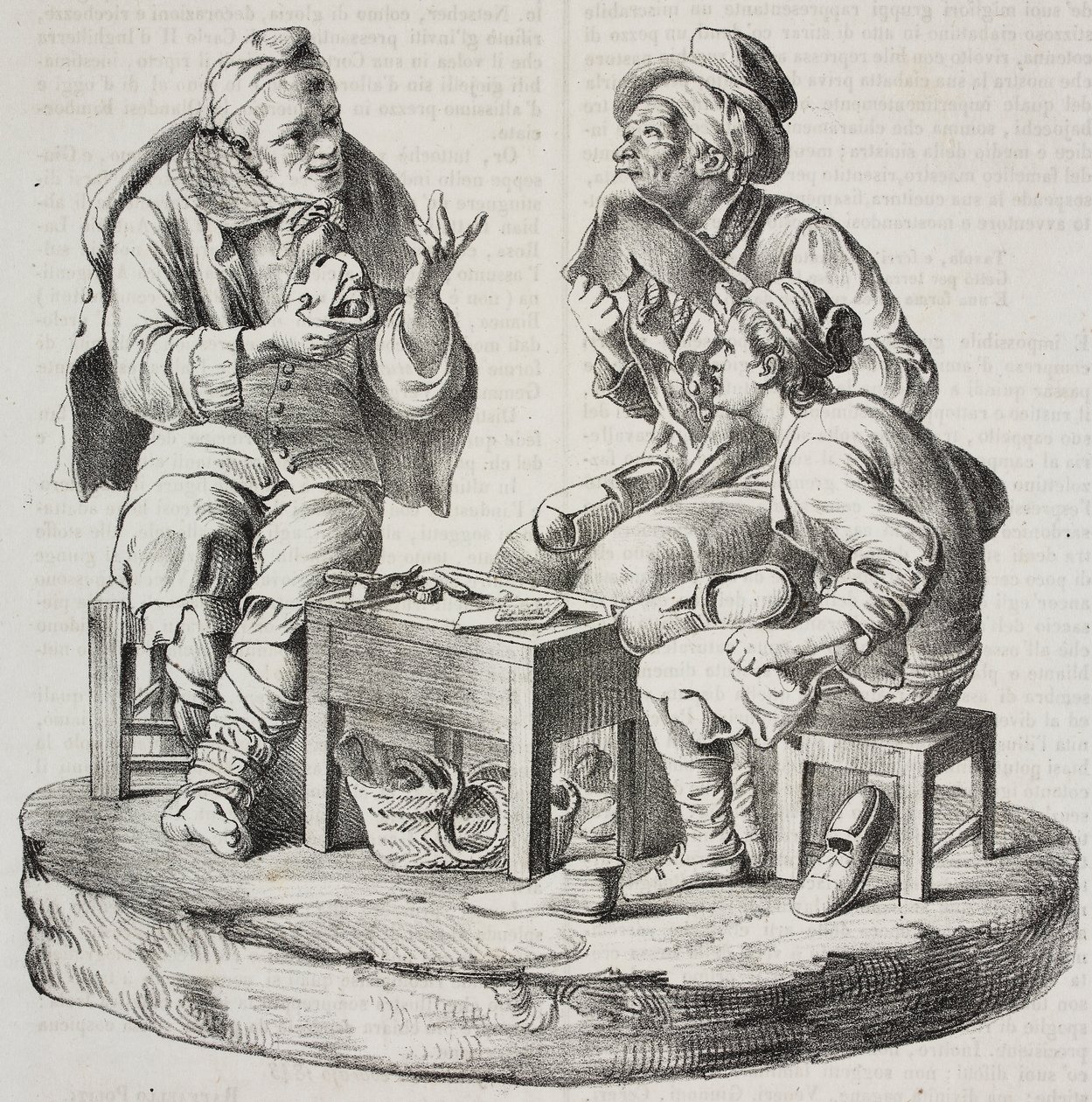 Schuster im Streit, Statuetten von Giacomo Bongiovanni und Giuseppe Vaccaro, Lithographie von Salvatore Puglia aus Poliorama Pittoresco, Nr. 32, 18. März von Salvatore Puglia