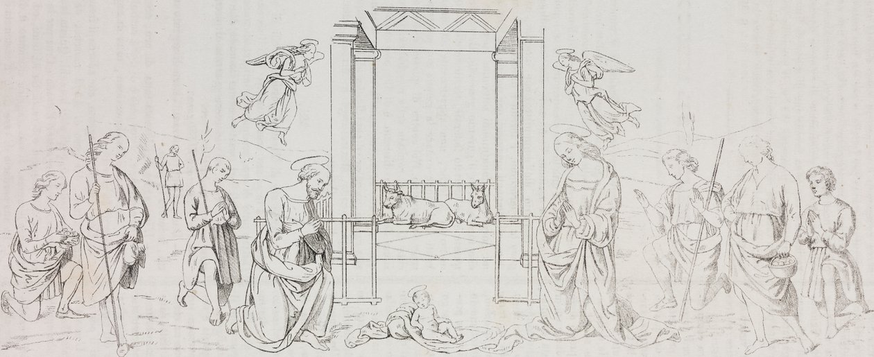 Fontignano Geburt Christi, Anbetung der Hirten, Lithographie von Salvatore Puglia nach einem Gemälde von Pietro Perugino (ca. 1450-1523) aus Poliorama Pittoresco, Nr. 42, 24. Mai von Salvatore Puglia
