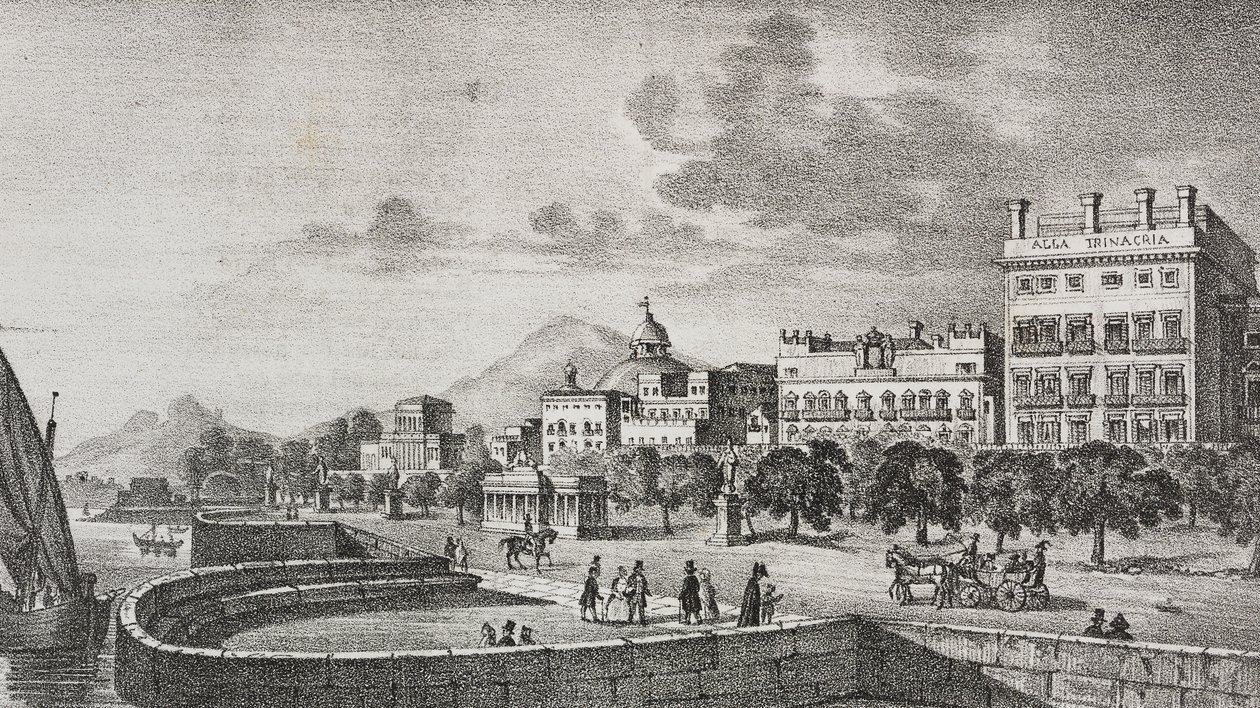 Ansicht des Bourbon-Forums und des Trinacria-Hotels, Palermo, Sizilien, Italien, Lithographie von Salvatore Puglia nach einer Gravur von Di Giovanni aus Poliorama Pittoresco, Nr. 37, 19. April von Salvatore Puglia