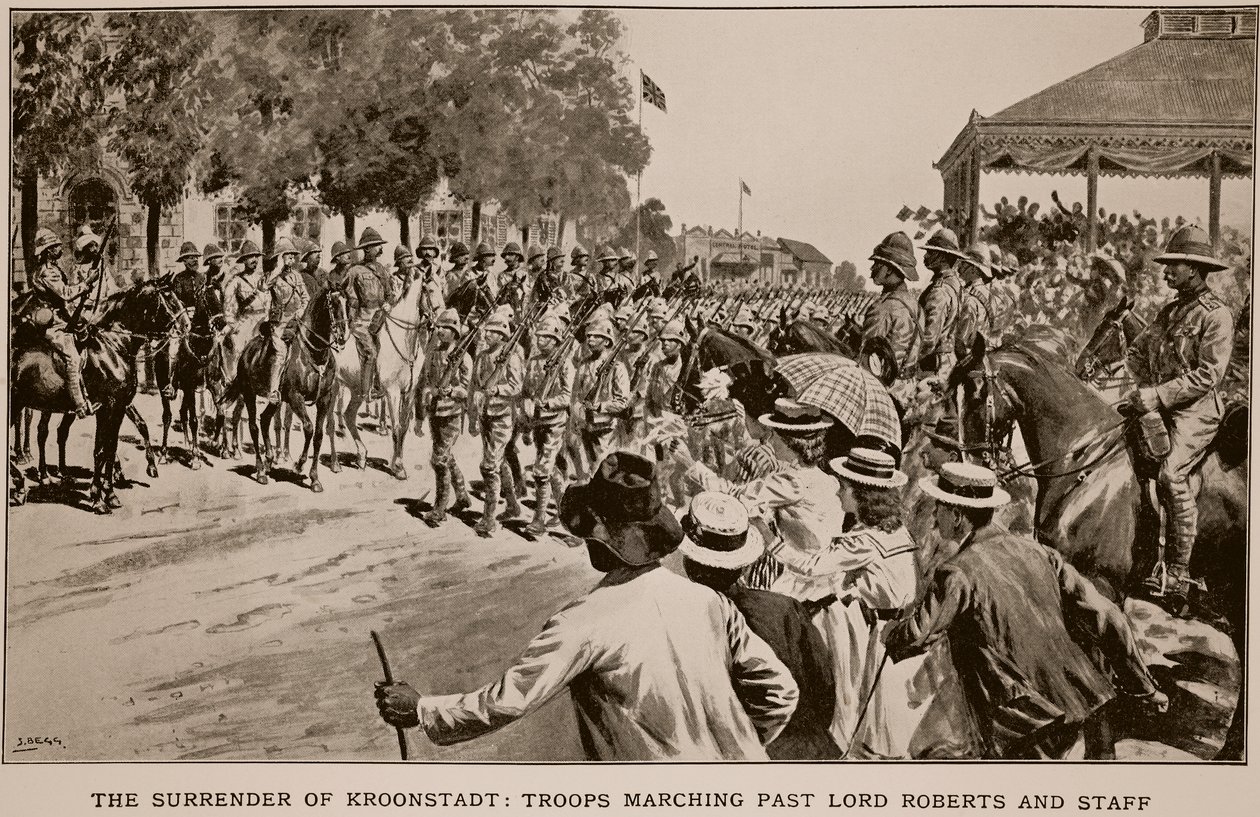 Die Kapitulation von Kroonstadt: Truppen marschieren an Lord Roberts und seinem Stab vorbei, nach einer Skizze von Melton Prior (1845-1910) von Samuel Begg