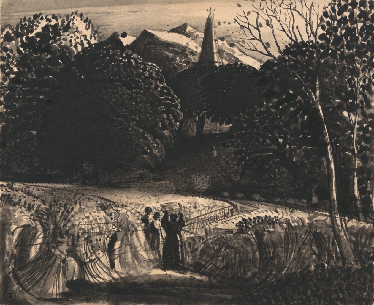 Kornfeld und Kirche im Mondlicht von Samuel Palmer