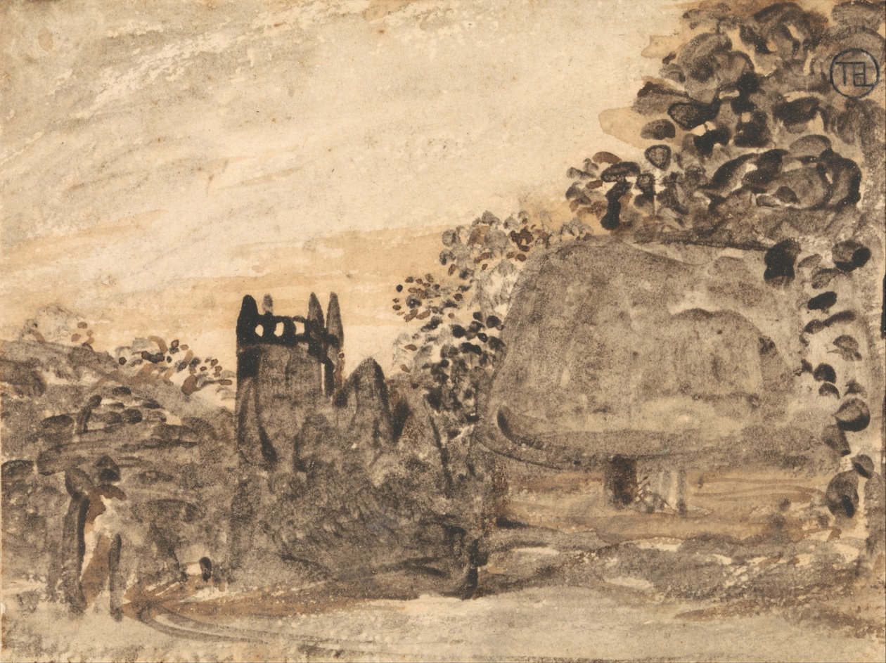 Reetgedecktes Haus und Kirche von Samuel Palmer