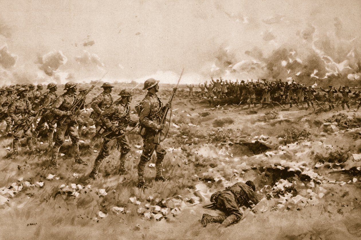 Ihre letzte Hoffnung: Demoralisierte deutsche Soldaten bitten die vorrückenden britischen Truppen um Gnade von Samuel (after) Begg