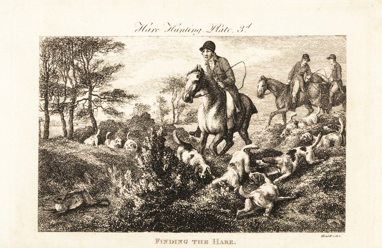 Berittene Jäger beobachten, wie Hunde einen Hasen finden von Samuel (after) Howitt