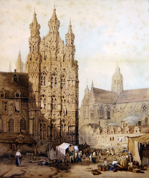 Das Rathaus und die Kathedrale in Leuven, Belgien, ca. 1840 von Samuel (circle of) Prout