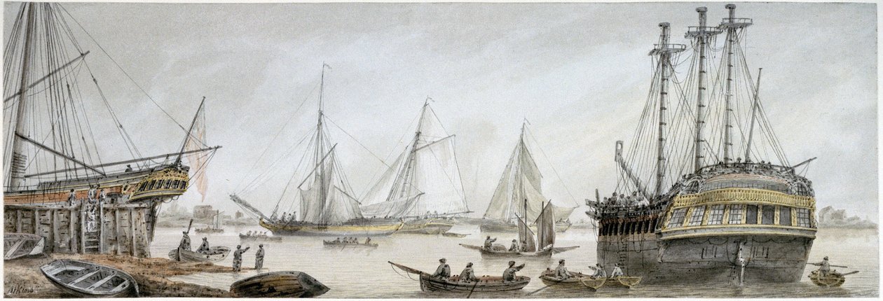 Ein Indiaman-Schiff zur Reparatur auf der Themse, mit einer Beschreibung der gewöhnlichen Aktivitäten der königlichen Werften in Deptford von Samuel Atkins