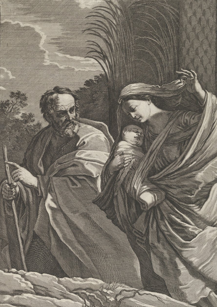 Die Flucht nach Ägypten, die Jungfrau trägt das Jesuskind, Joseph zeigt auf..., ca. 1635-57 von Samuel Bernard