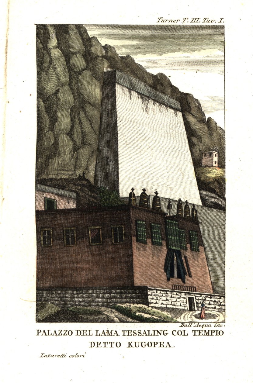 Wohnung des Tessaling Lama mit dem religiösen Gebäude namens Kugopea. Illustration von Leutnant Samuel Davis aus Captain Samuel Turners (1759-1802) Bericht über eine Gesandtschaft an den Hof des Teshoo Lama in Tibet 1800. Kupferstich von Dell