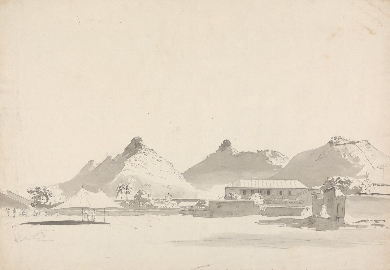 Militärlager mit Festungen auf den Hügeln dahinter von Samuel Davis