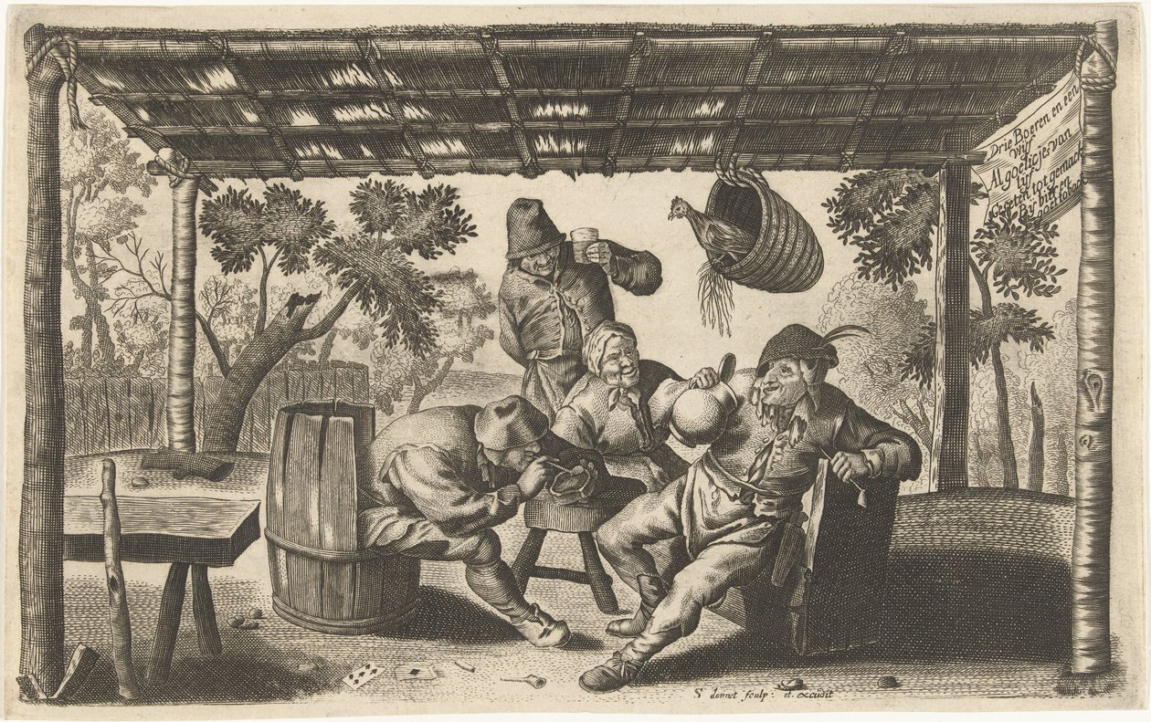 Drei trinkende und rauchende Bauern in einer Scheune von Samuel Donnet