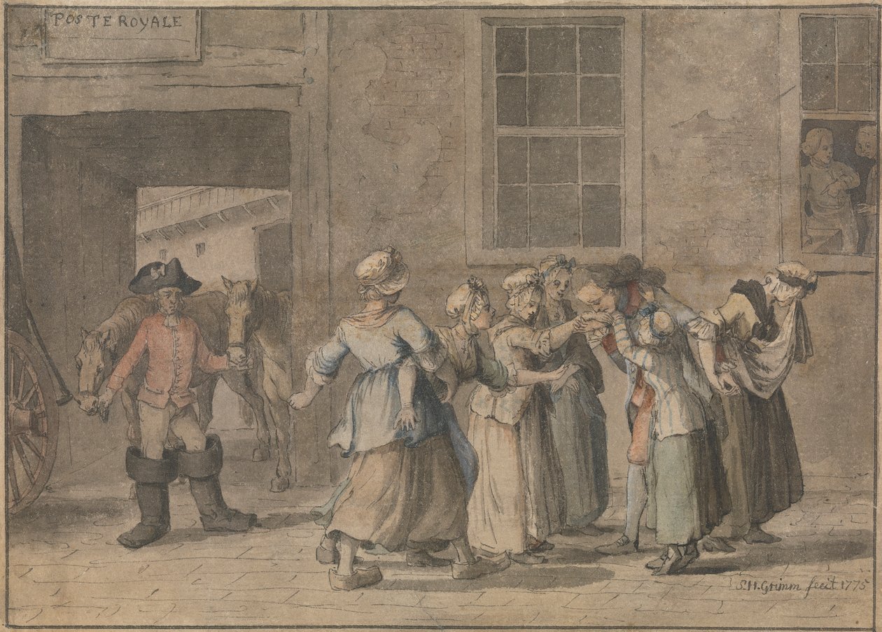 Abreise von einem französischen Gasthof: Eine Illustration für Sternes Sentimental Journey von Samuel Hieronymus Grimm