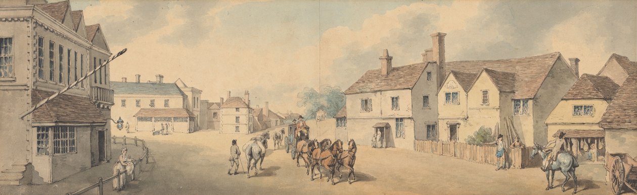 Eine Kutsche mit vier Pferden passiert Chippenham, Wiltshire von Samuel Howitt