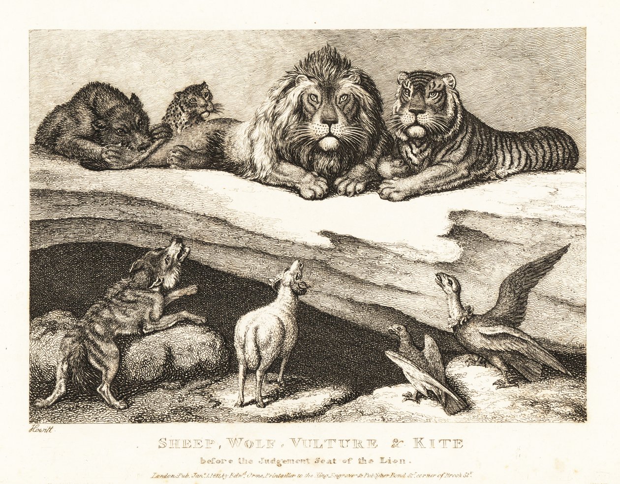 Ein Gerichtsverfahren zwischen Tieren, mit Löwe und Tiger als Richter. 1811 (Radierung) von Samuel Howitt