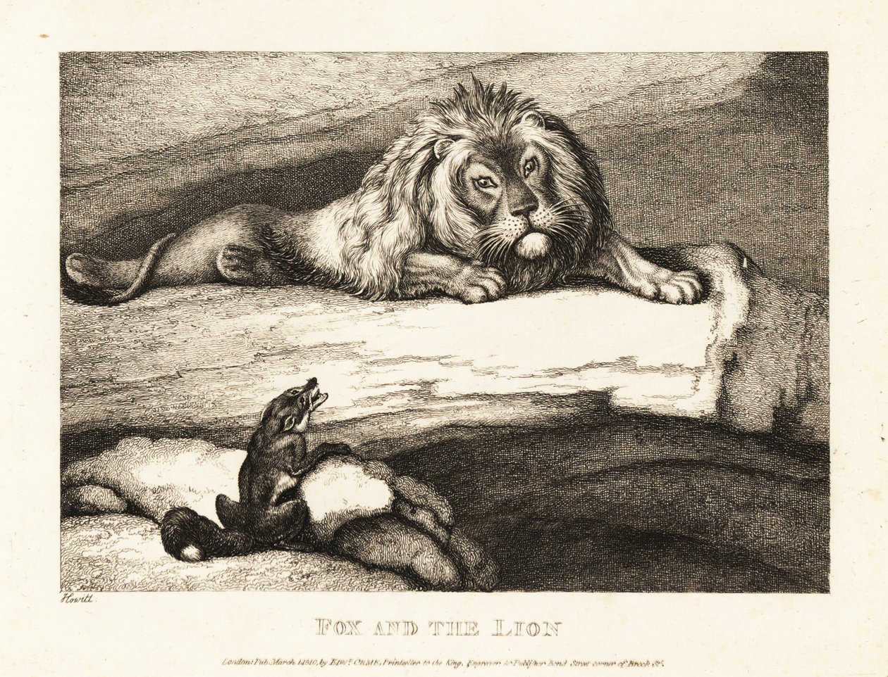 Ein Fuchs nähert sich törichterweise einem männlichen Löwen in seiner Höhle. 1811 von Samuel Howitt