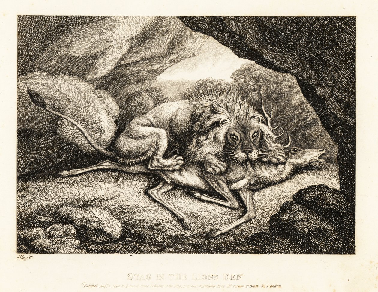 Ein Löwe frisst den Kadaver eines Hirsches in einer Höhle. 1811 von Samuel Howitt