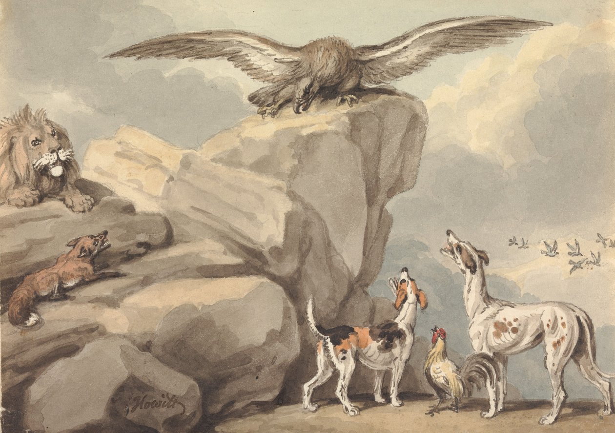 Ein Adler auf einem Felsen; Löwe, Fuchs, zwei Hunde und ein Hahn (möglicherweise für "Äsops Fabeln") von Samuel Howitt