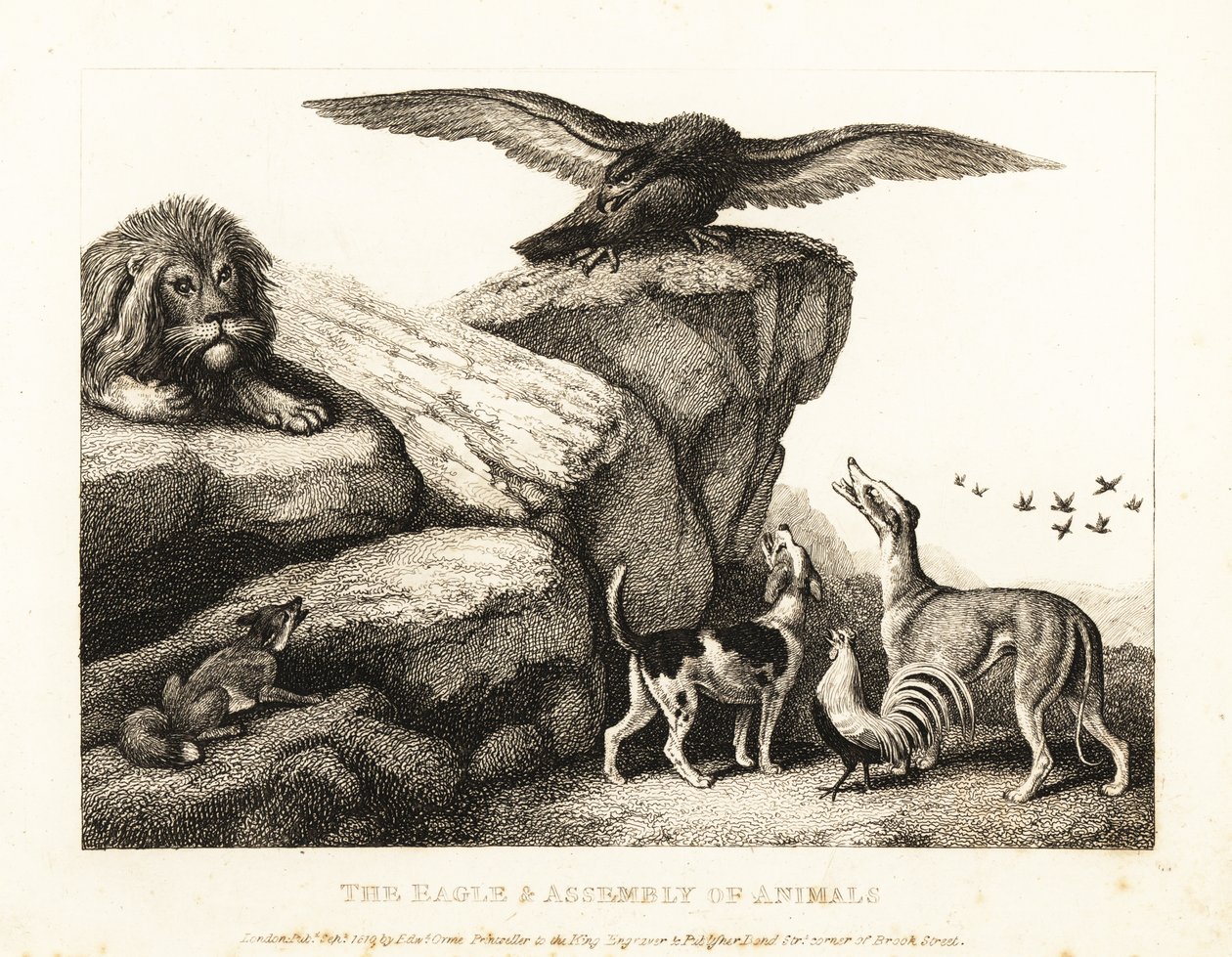 Jupiters Vogel ermahnt eine Versammlung von Tieren. 1811 von Samuel Howitt