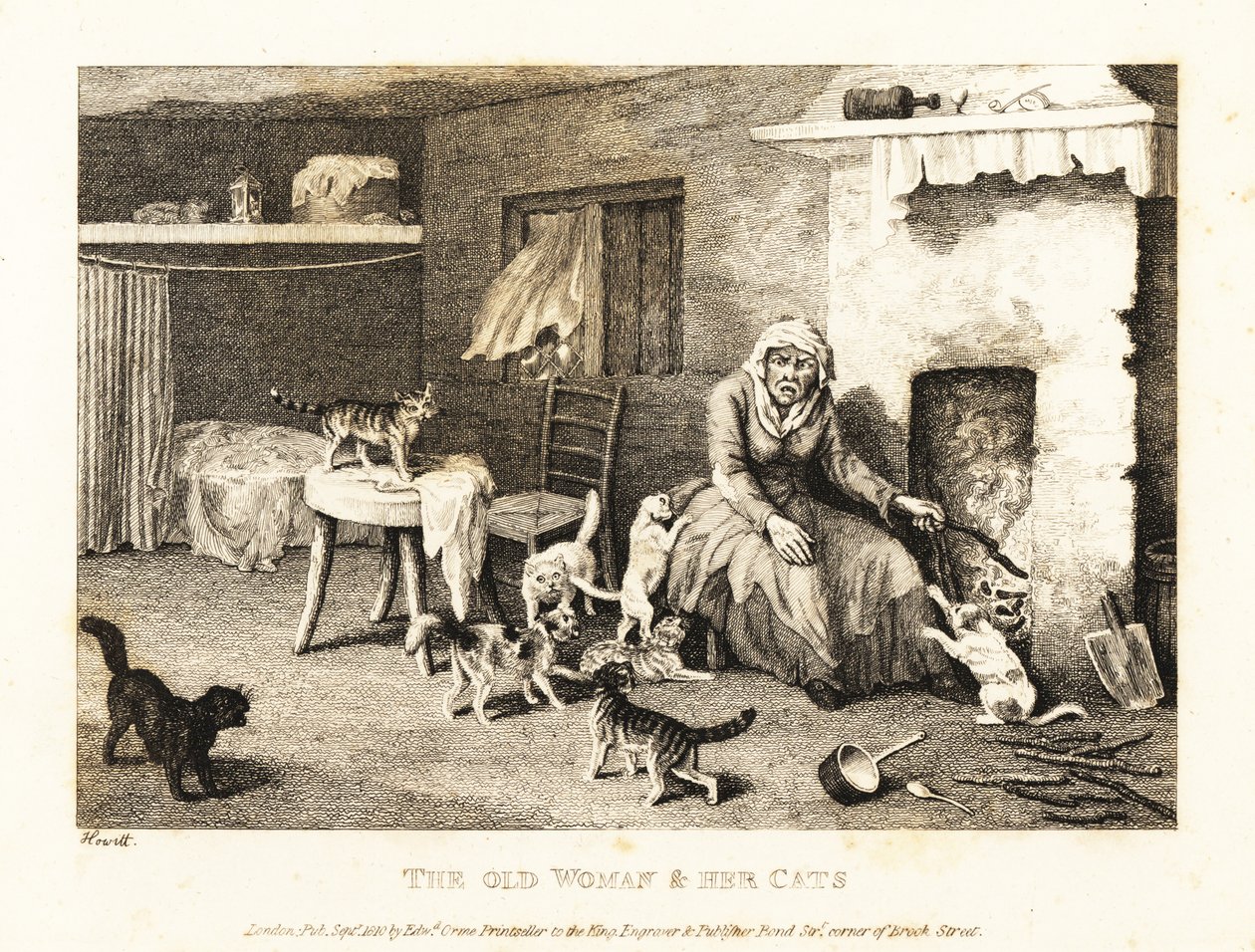 Alte Hexe sitzt am Herd in einer Hütte, umgeben von Katzen. 1811 (Radierung) von Samuel Howitt