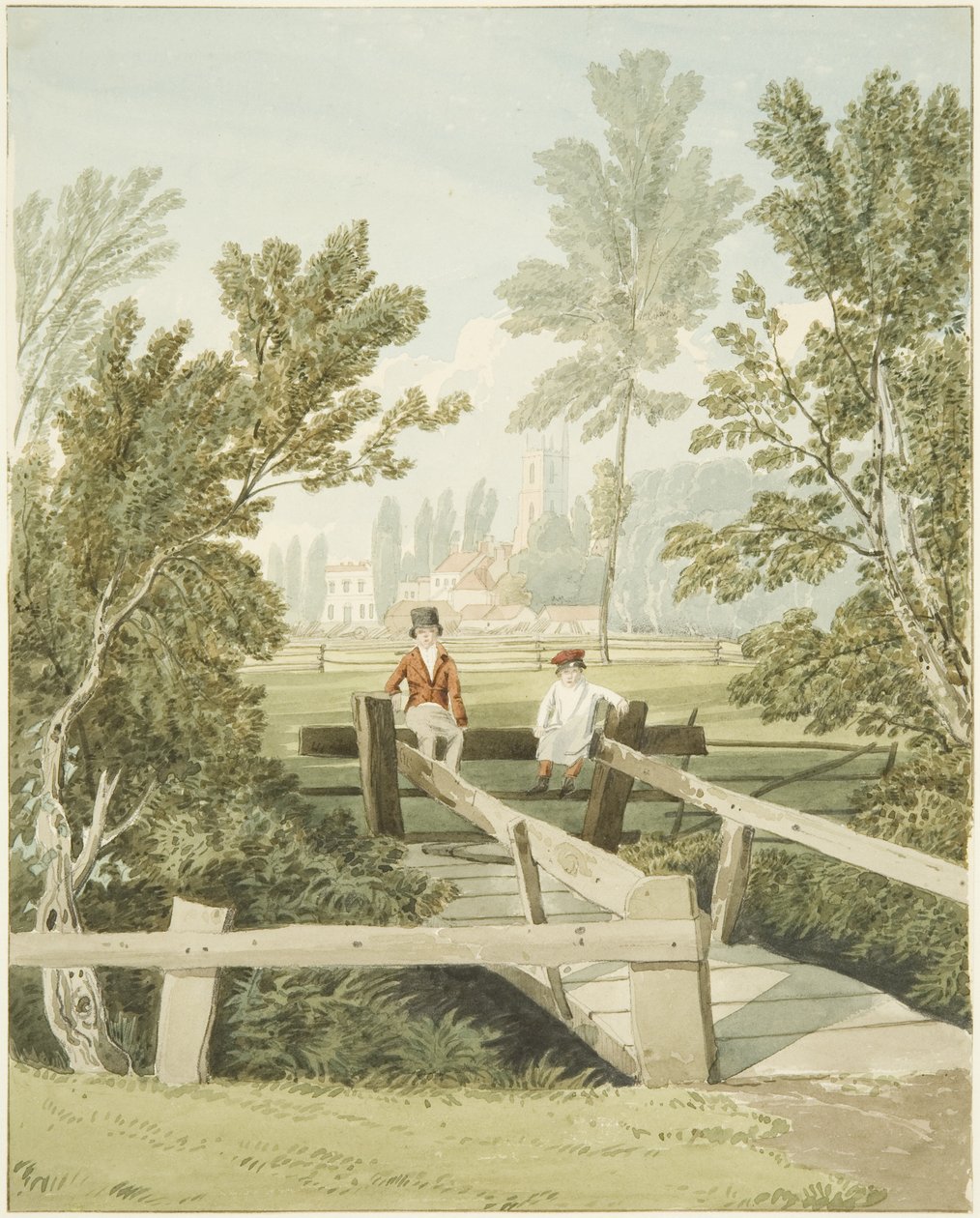 Zwei Jungen auf einem Stil bei Brislington Brook, ca. 1824 von Samuel Jackson
