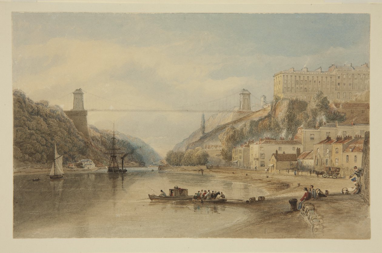 Ansicht auf den Avon bei Hotwells: Die vorgeschlagene Hängebrücke, ca. 1836 von Samuel Jackson
