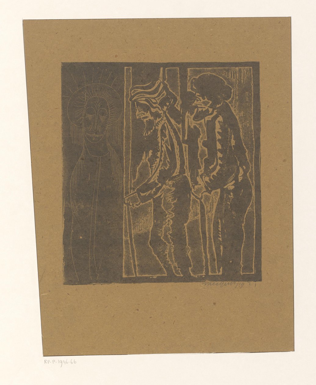 Zwei Männer bei Figur mit geschlossenen Augen von Samuel Jessurun de Mesquita (signed by artist)