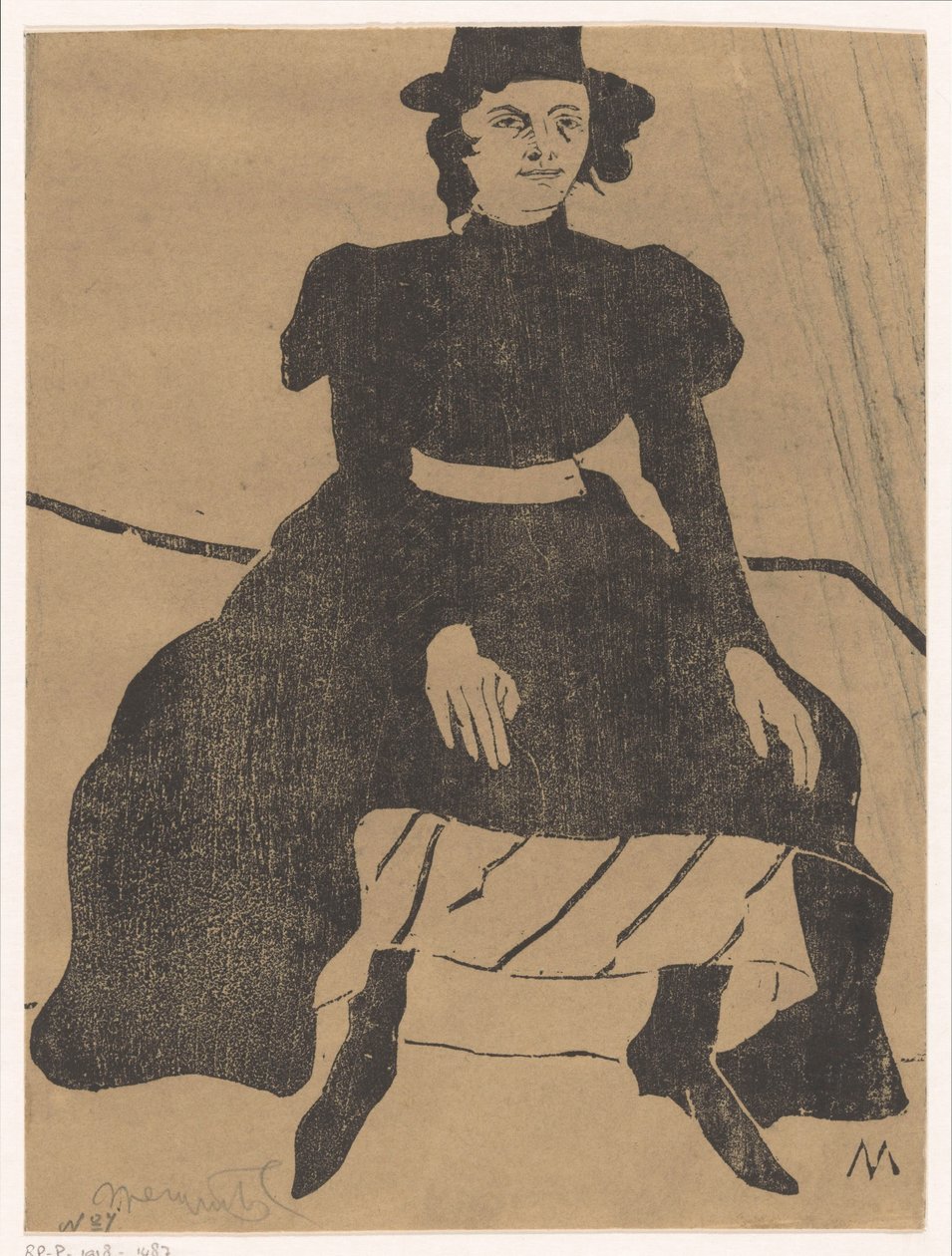 Sitzende Frau mit Hut und schwarzem Kleid, die Hände auf den Knien von Samuel Jessurun de Mesquita (signed by artist)