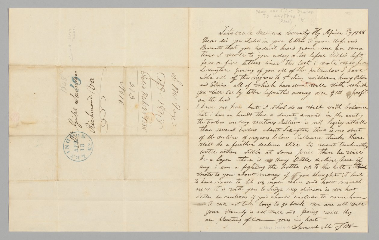 Brief an Giles Saunders von Samuel M. Fox über den Sklavenhandel, 17. April 1848 von Samuel M. Fox