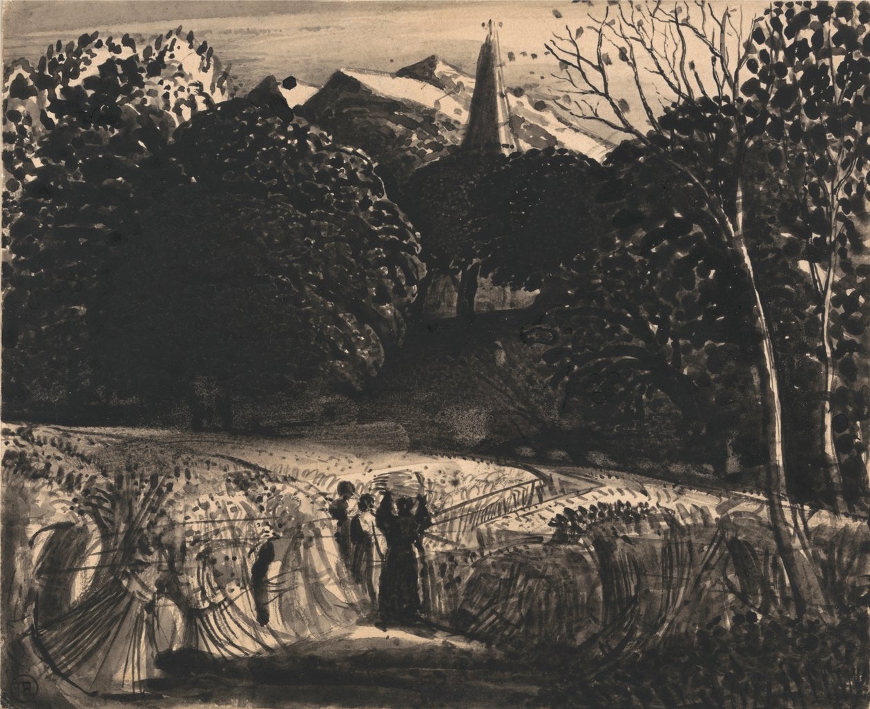 Kornfeld und Kirche im Mondlicht von Samuel Palmer