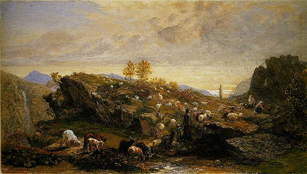 Landleute mit Schafen und Ziegen in einer felsigen Landschaft von Samuel Palmer