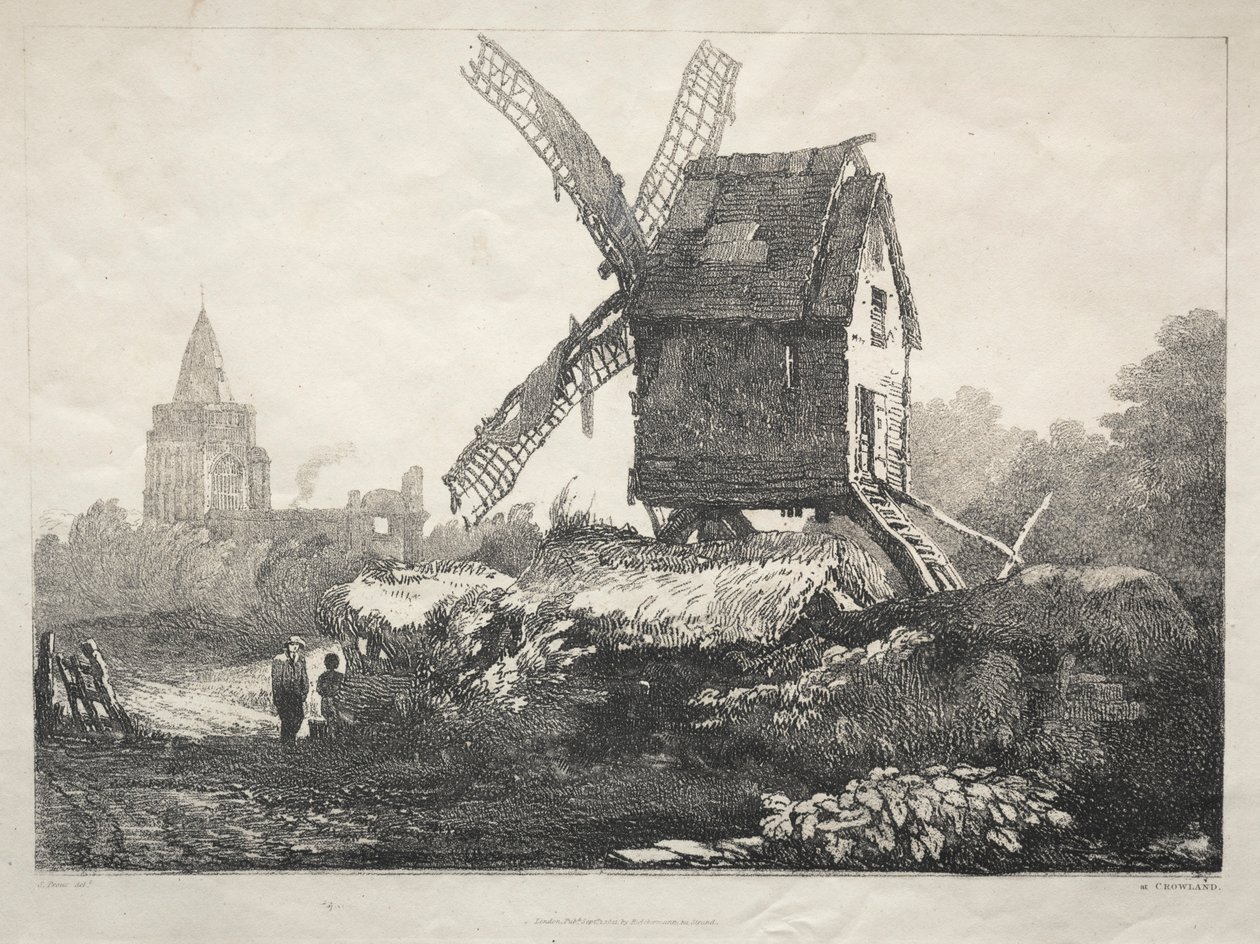 Eine Reihe alter Gebäude und ländlicher Hütten im Norden Englands: In Crowland, Windmühle, 182 von Samuel Prout