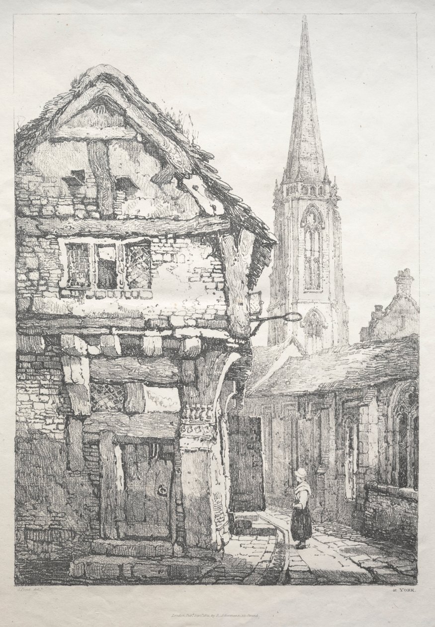 Eine Serie von alten Gebäuden und ländlichen Cottages im Norden Englands: In York, Straße..., 1821 von Samuel Prout