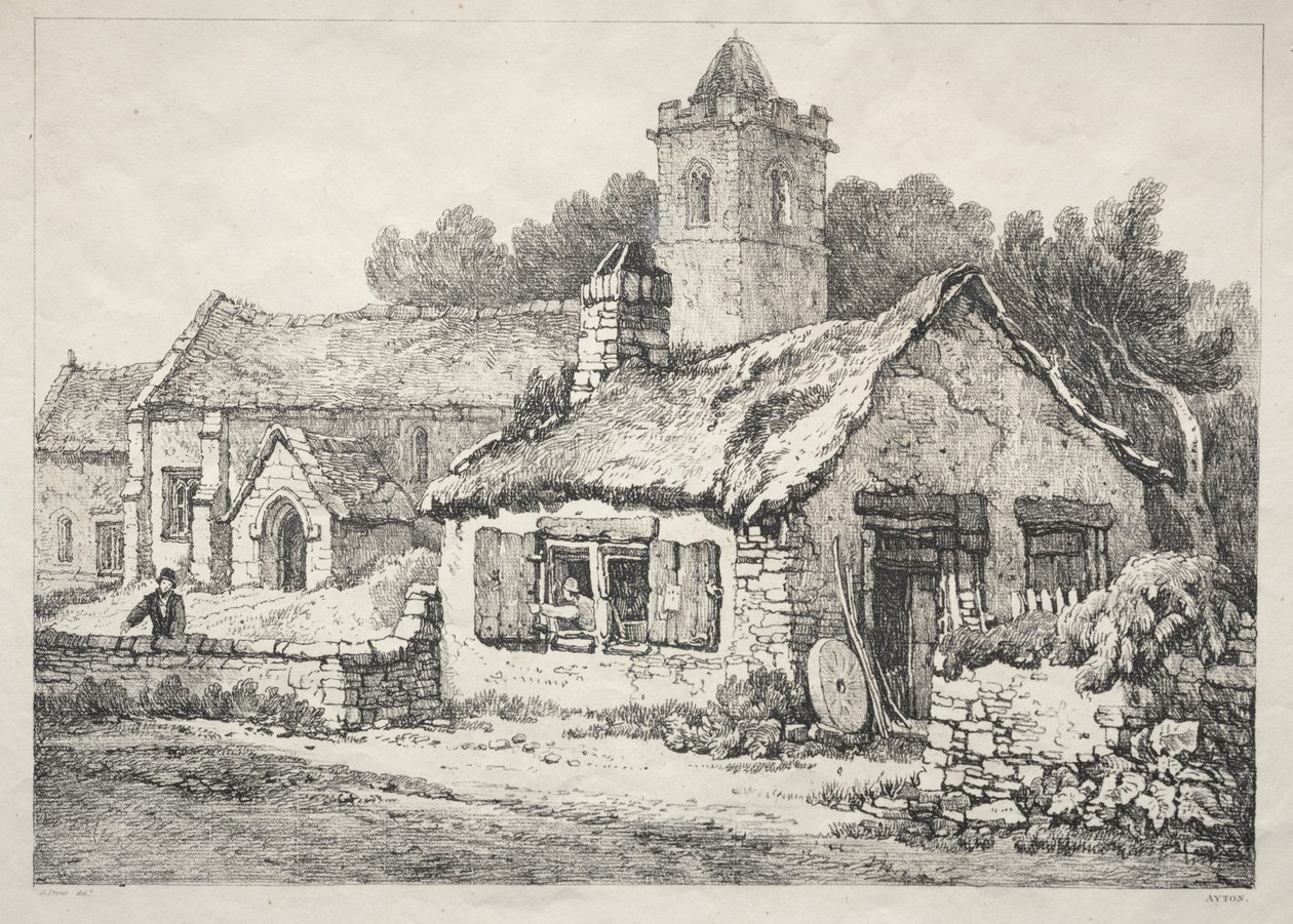 Eine Reihe alter Gebäude und ländlicher Hütten im Norden Englands: Ayton von Samuel Prout