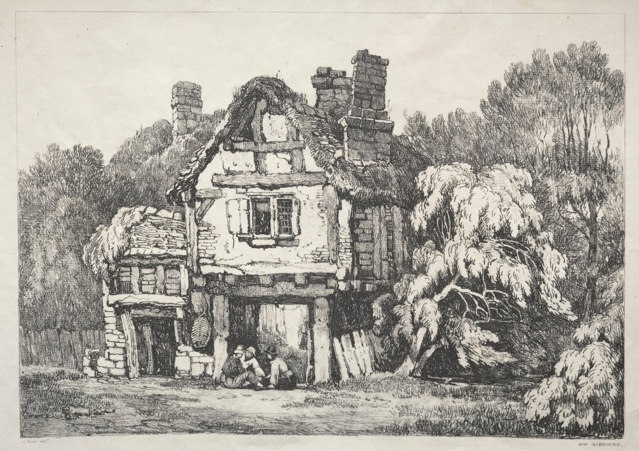 Eine Serie von alten Gebäuden und ländlichen Hütten im Norden Englands: In der Nähe von Ashbourn, 1821 von Samuel Prout