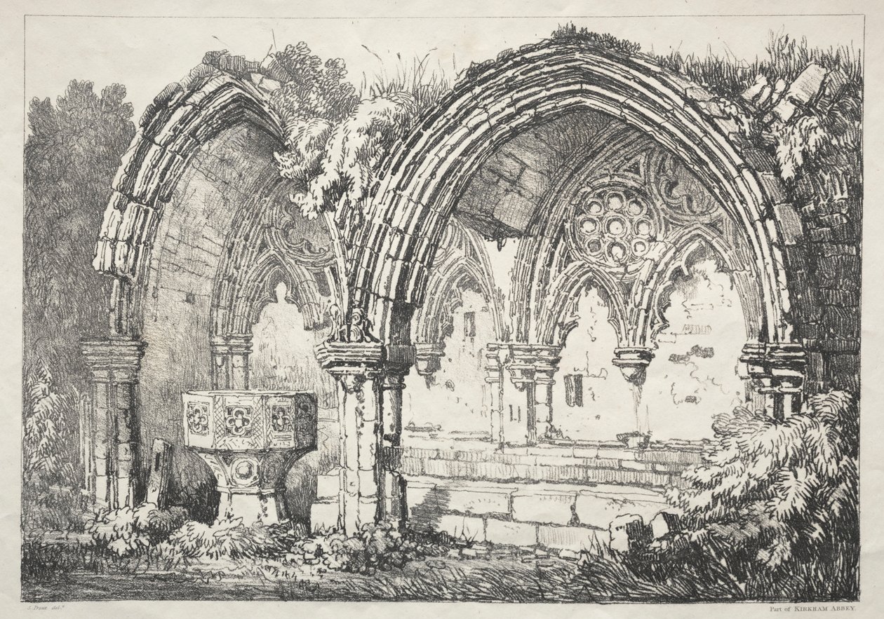 Eine Reihe antiker Gebäude und ländlicher Hütten im Norden Englands: Teil der Kirkham Abbey von Samuel Prout