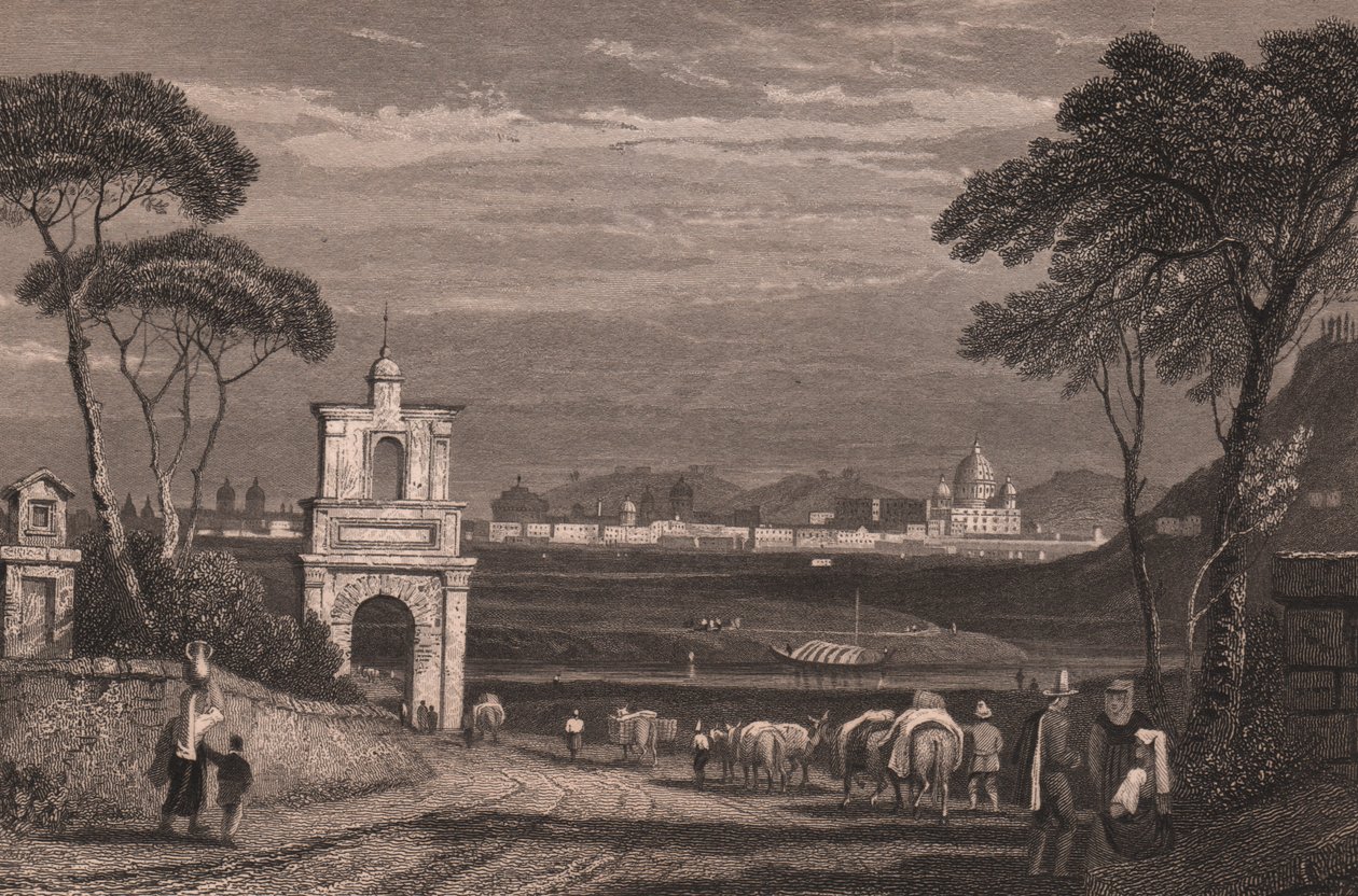 Rom mit der Kuppel des Petersdoms rechts, Latium, Italien, Stahlstich nach einer Zeichnung von Samuel Prout, ca. 15x115 cm von Samuel Prout