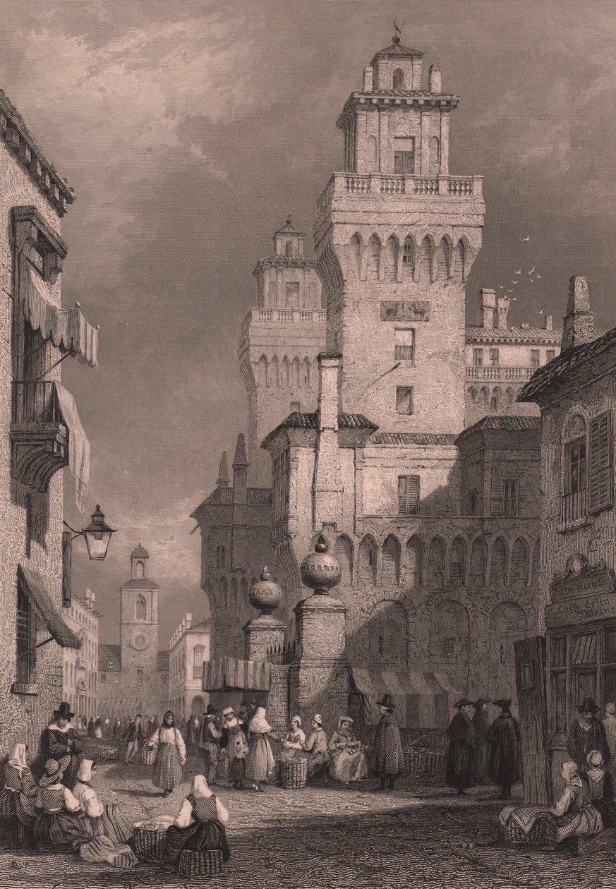 Ansicht von Castello Estense, Ferrara, Emilia-Romagna, Italien, Stahlstich von John Godfrey nach einer Zeichnung von Samuel Prout, ca. 26x17 cm, veröffentlicht von Blackie and Son von Samuel Prout
