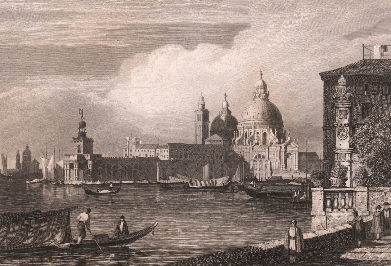 Ansicht des Canal Grande mit Punta della Dogana und Basilika Santa Maria della Salute im Hintergrund, Venedig, Venetien, Italien, Stahlstich nach einer Zeichnung von Samuel Prout von Samuel Prout