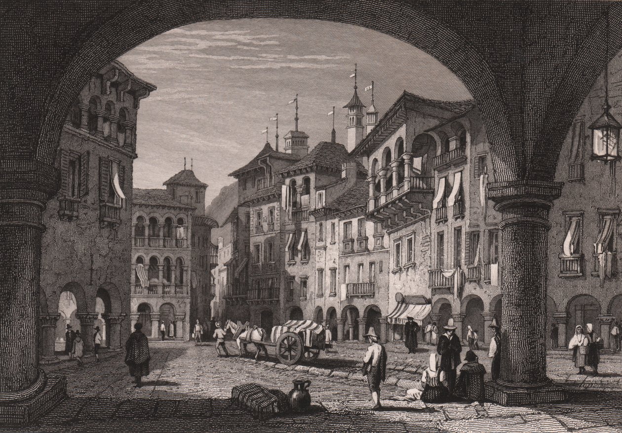 Ansicht des Marktplatzes in Domodossola, Piemont, Italien, Stahlstich nach einer Zeichnung von Samuel Prout von Samuel Prout