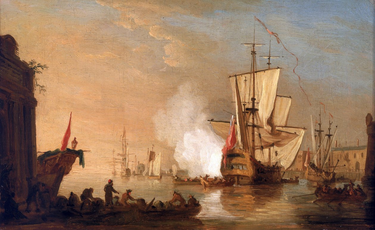 Britisches Kriegsschiff feuert zur Begrüßung bei der Ankunft im Hafen, dessen Gebäude einen Hafen im Mittelmeerraum darstellen. Um 1765, von Samuel Scott (1702-1772). von Samuel Scott