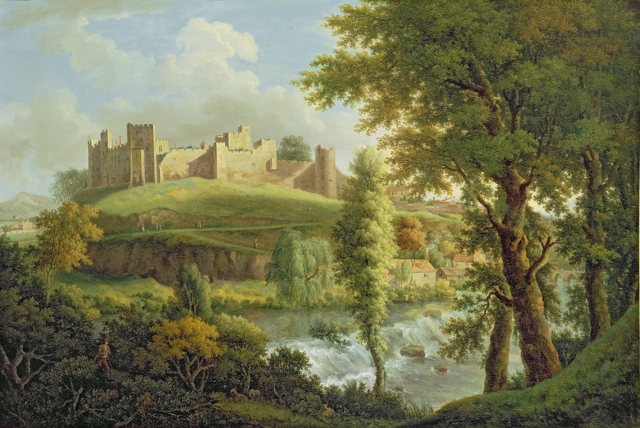Ludlow Castle mit Dinham Weir, von Südwesten, ca. 1765-69 von Samuel Scott