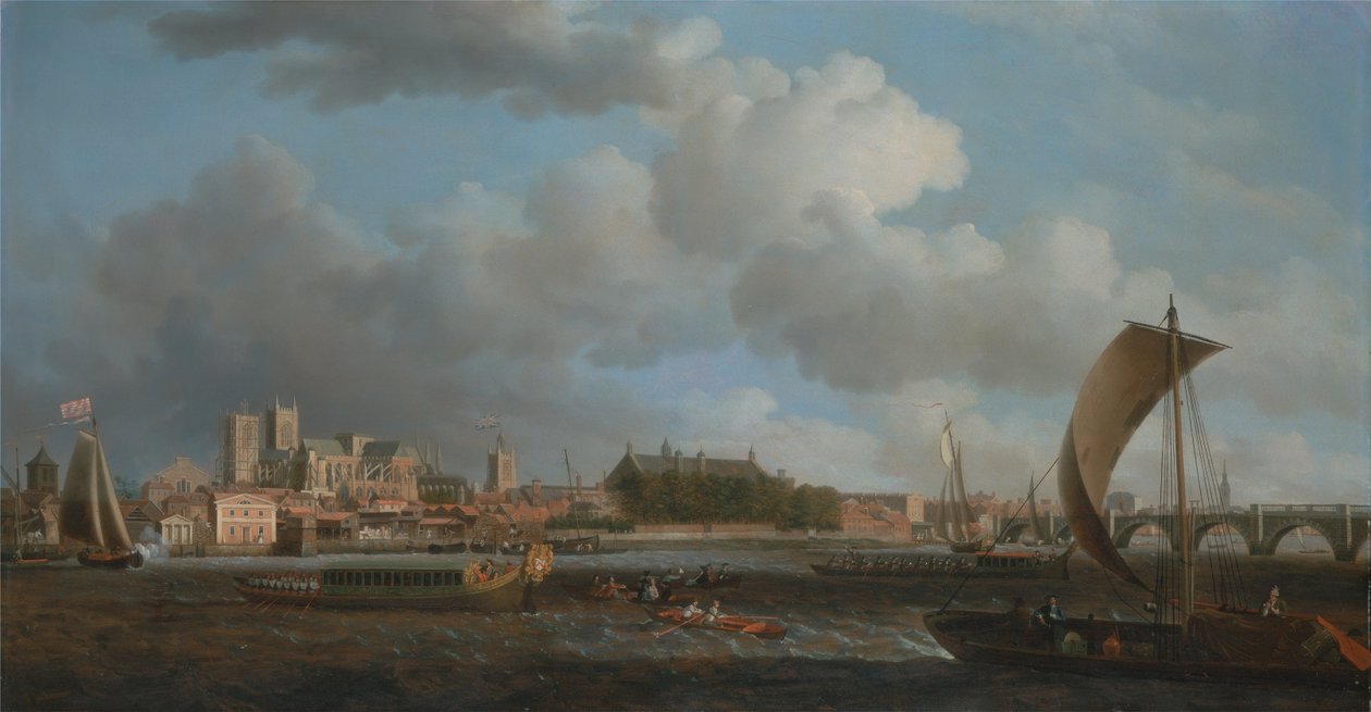 Westminster von Lambeth, mit der Zeremonialbarke der Ironmongers Company von Samuel Scott