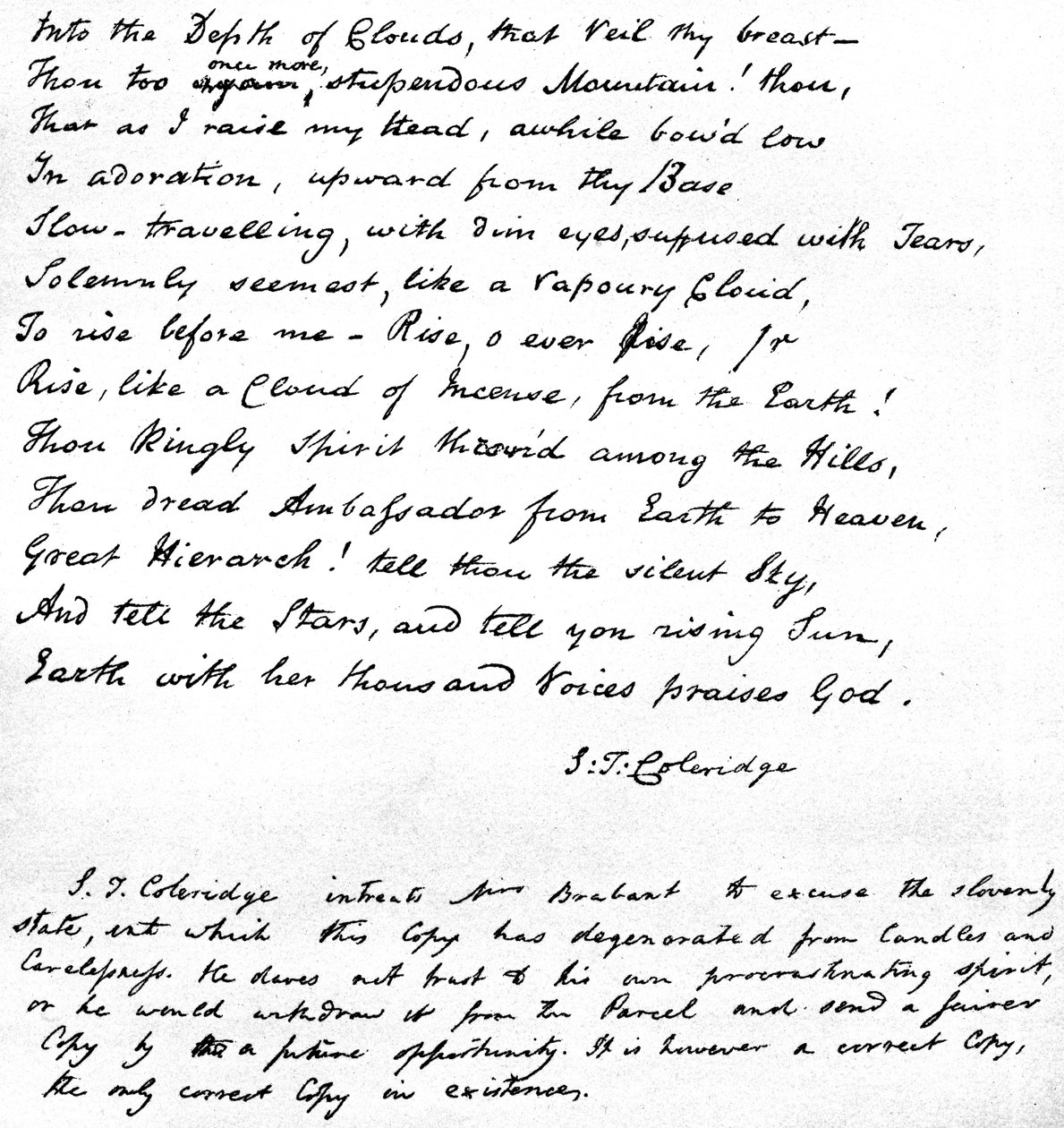Letzte Zeilen von Coleridges Gedicht Hymne vor Sonnenaufgang im Tal von Chamouny, geschrieben in der eigenen Handschrift des Dichters und in einem Brief an Mrs. Brabant aus Devizes gesendet, 1815 von Samuel Taylor Coleridge